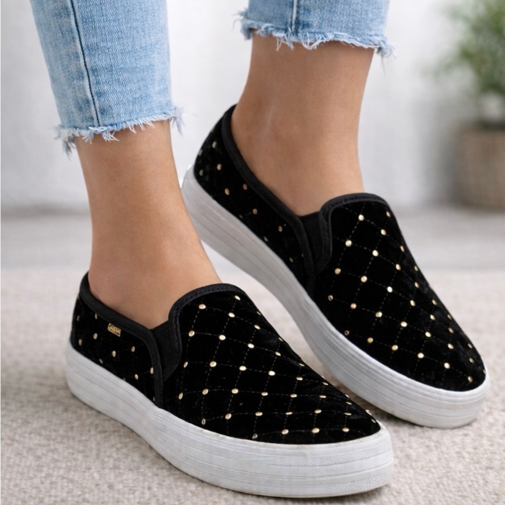 KEDS KATE SPADE New York Black Sneakers Double Decker Quilted Velvet SZ 7.5